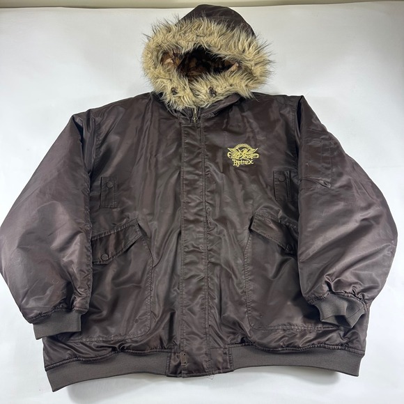 Avirex Men's 4XL Brown Fur Hooded Bomber Jacket Military Camo Lined